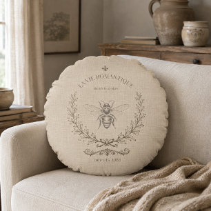 Beige Honey Bee French Country Vintage Rustic Round Pillow