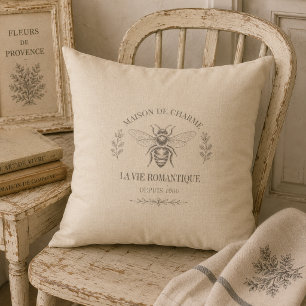Beige Honey Bee French Country Vintage Rustic Throw Pillow