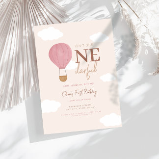 Beige hot Air Ballon Onederful 1st Birthday  Invitation