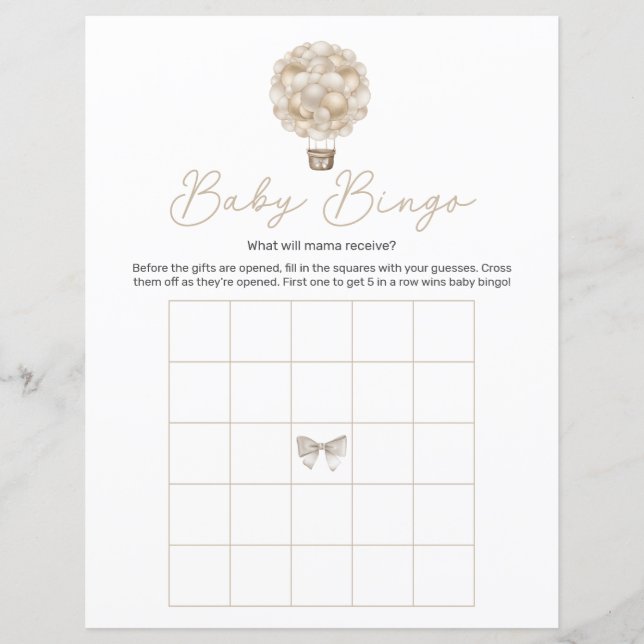 Beige Hot Air Balloon Baby Shower Bingo Game (Front)