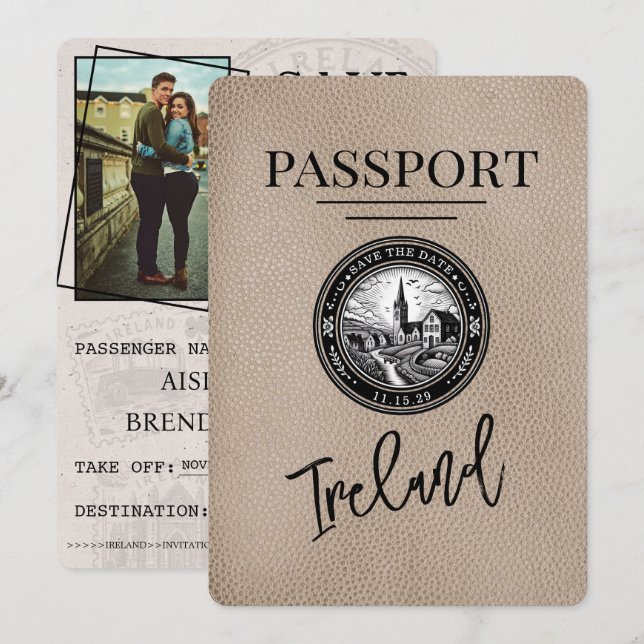 Beige Ireland Passport Save The Date (Front/Back)