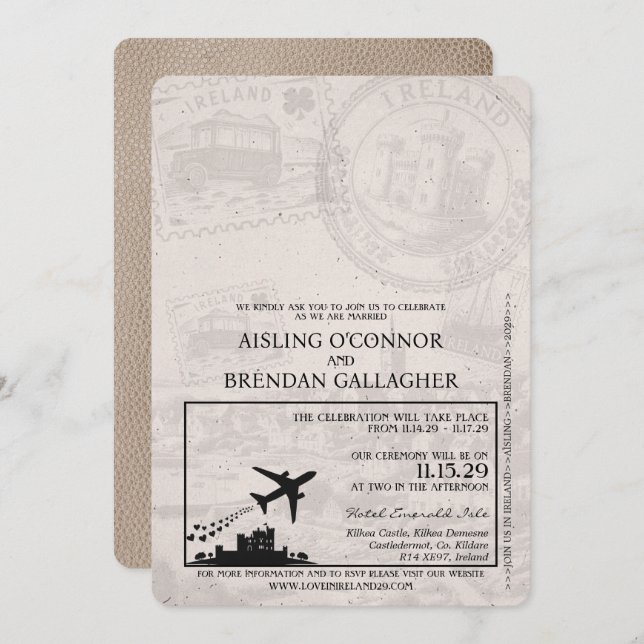 Beige Ireland Passport Wedding Invitation (Front/Back)