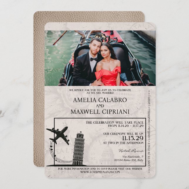 Beige Italy Passport Wedding Invitation (Front/Back)