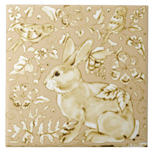 Beige Ivory Bunny Rabbit Bird Floral Leaf Scroll Tile