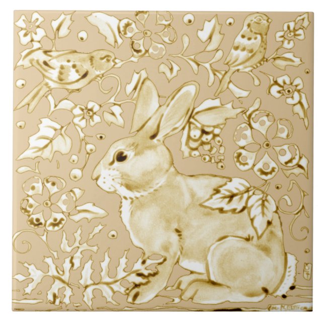 Beige Ivory Bunny Rabbit Bird Floral Leaf Scroll Tile (Front)