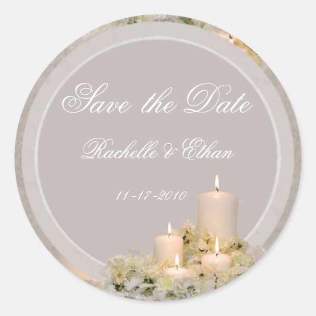 Beige & Ivory Candle Flower Save the Date Wedding Classic Round Sticker (Front)