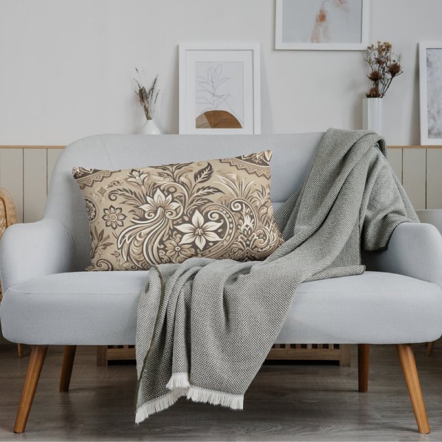 Beige Ivory Indonesian Batik Floral Pattern Lumbar Pillow (Creator Uploaded)