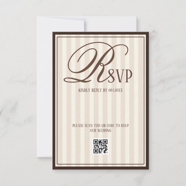 Beige Ivory Striped Luxury Wedding RSVP Card (Front)