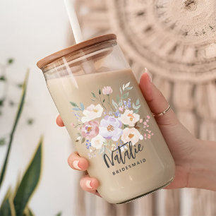 Beige Lavender Watercolor Floral Bridesmaid Can Glass