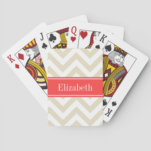 Beige Lg Chevron Coral Red Name Monogram Playing Cards (Back)