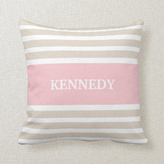 Beige Light Pink Stripes Monogram Throw Pillow
