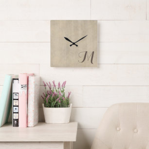 Beige Lime Wash Luxurious Monogram   Square Wall Clock