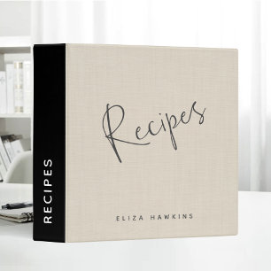 Beige Linen Black Personalized Recipe Journal Binder