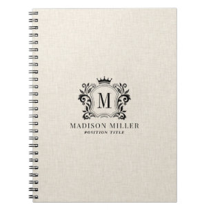 Beige Linen Black Royal Crest Crown Monogram Notebook