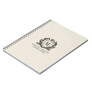 Beige Linen Black Royal Crest Scroll Monogram Notebook