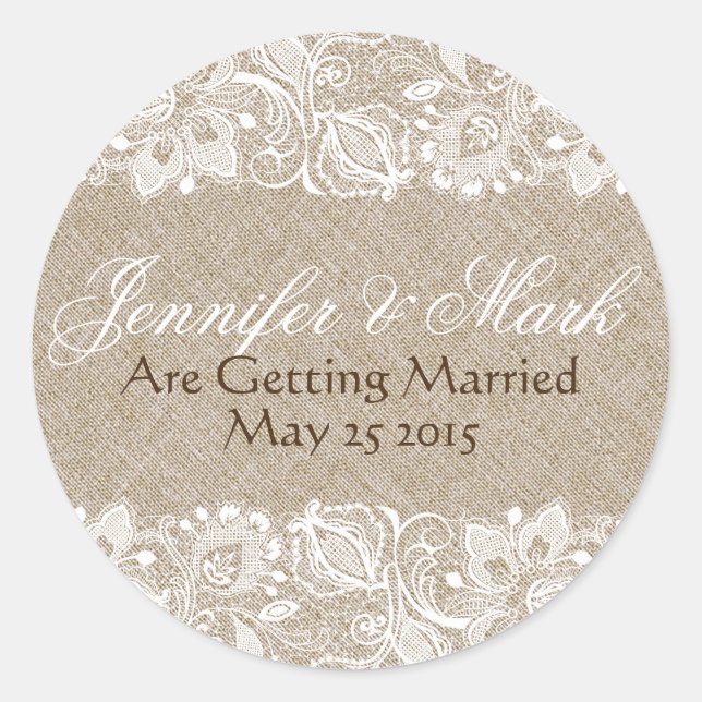 Beige Linen Burlap & White Floral Lace 2 Invite Classic Round Sticker (Front)