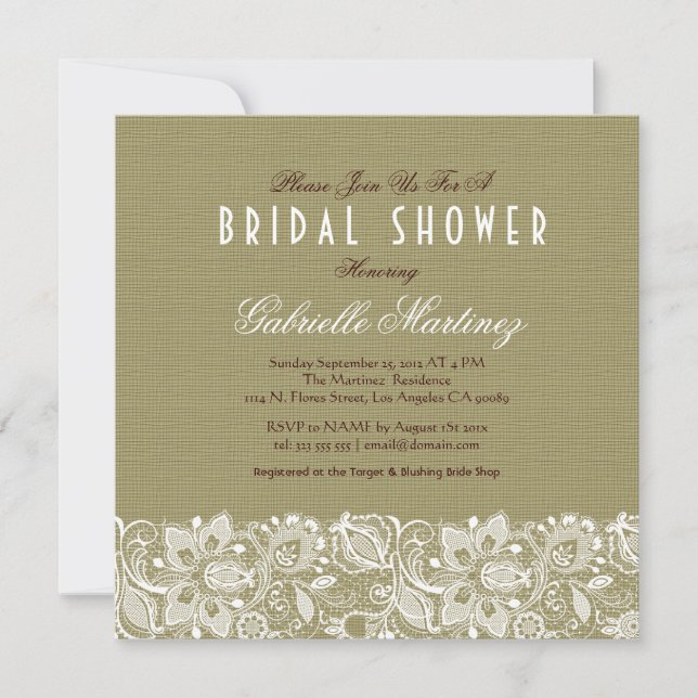 Beige Linen Burlap & White Floral Lace Invite (Front)