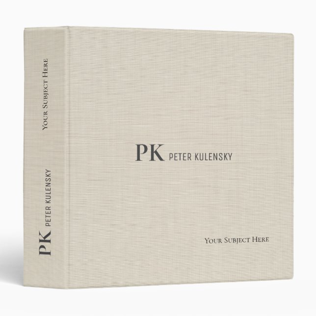 Beige Linen Creme Professional Elegant Monogram Binder (Front/Spine)