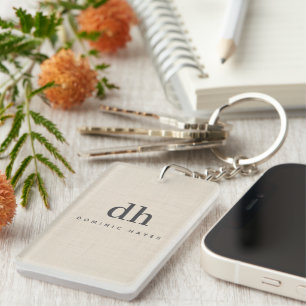 Beige Linen Creme Texture Minimal Elegant Monogram Keychain