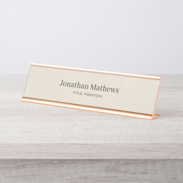 Beige Linen Creme Texture Simple Elegant Monogram Desk Name Plate (Front)