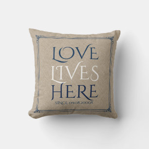 Beige Linen & Custom Text-Love Lives Here Throw Pillow