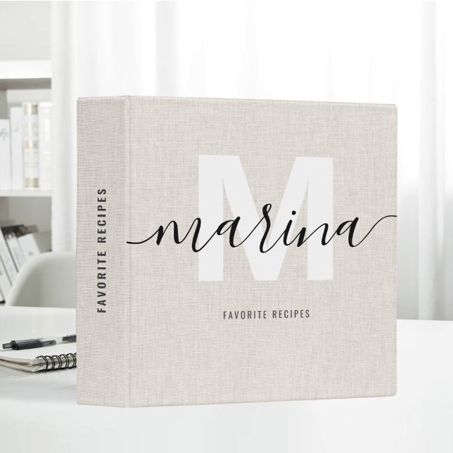 Beige Linen Fabric Favorite Recipes Monogram Binder (Creator Uploaded)