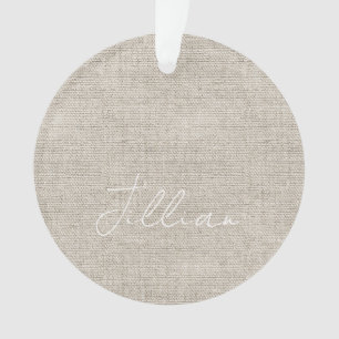 Beige Linen Fabric White NAME Timeless Keepsake Ornament
