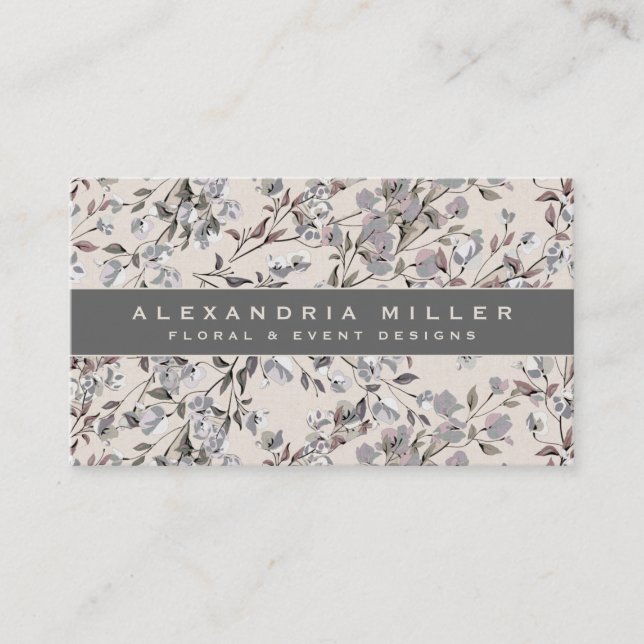 Beige Linen Floral | Grey Banner Business Card (Front)