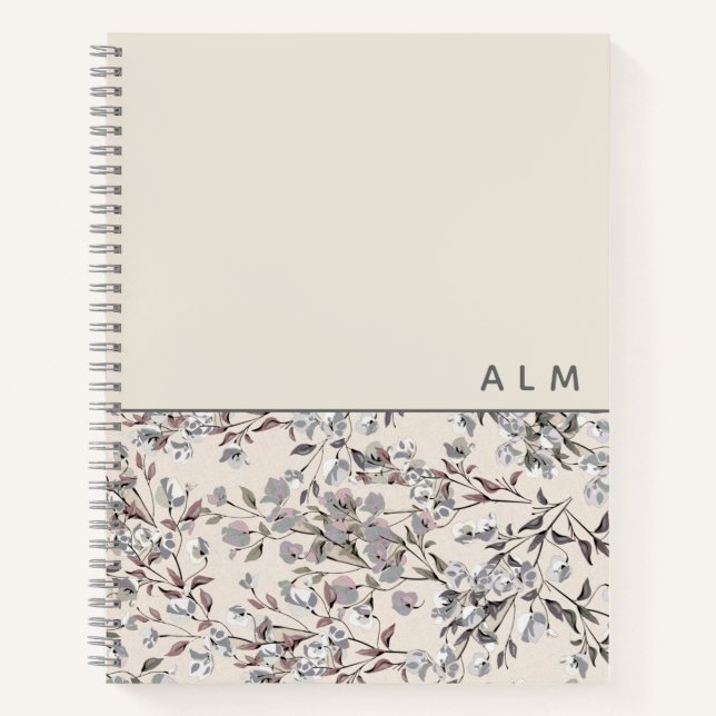 Beige Linen Floral | Monogram Initials Notebook (Front)