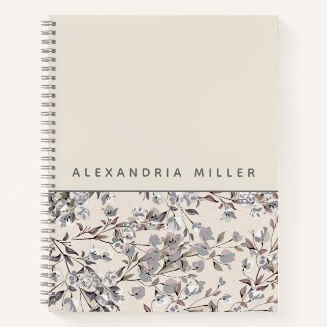 Beige Linen Floral | Personalized Name Notebook (Front)
