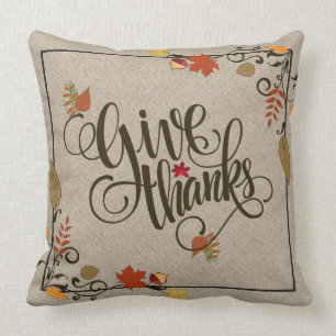 Beige Linen, Give Thanks, Thanksgiving Frame Throw Pillow
