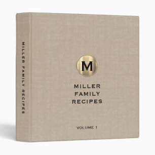 Beige Linen Gold Monogram Family Recipe Binder