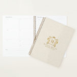 Beige Linen Gold Royal Crest Crown Monogram Planner<br><div class="desc">Initial monogram retro gold crest with scrolls and royal crown on a light beige linen texture.
The linen details are simulated in the artwork. No actual linen will be used in the making of this product.</div>