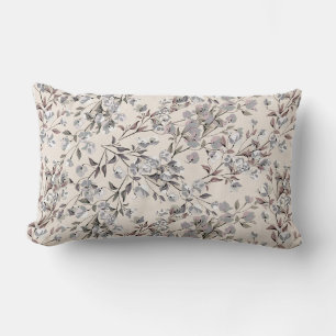 Beige Linen & Gray Elegant Dainty Floral Pattern Lumbar Pillow
