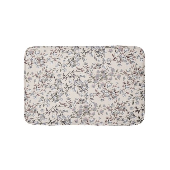 Beige Linen & Grey Dainty Elegant Floral Pattern Bath Mat (Front)