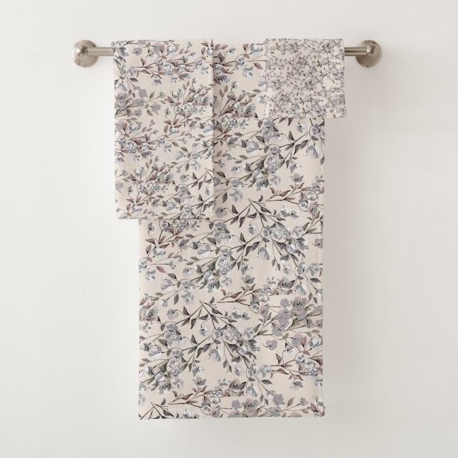Beige Linen & Grey Dainty Floral Pattern Bath Towel Set (Insitu)