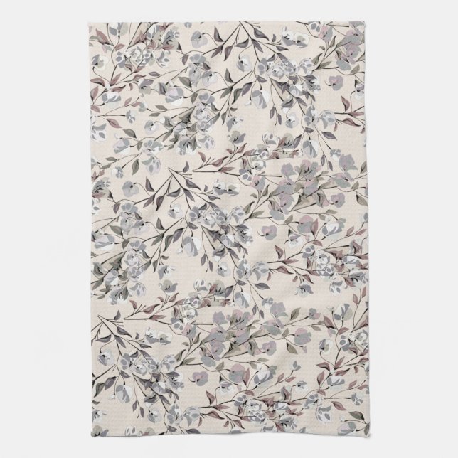 Beige Linen & Grey Elegant Dainty Floral Pattern Kitchen Towel (Vertical)