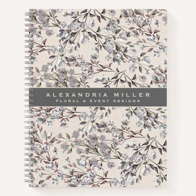 Beige Linen & Grey Elegant Floral Pattern Notebook (Front)