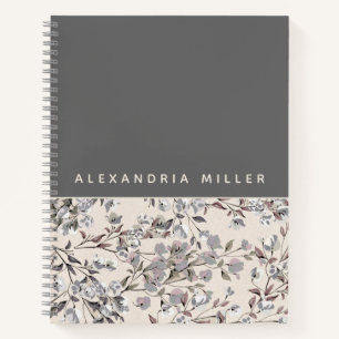 Beige Linen & Grey Floral   Personalized Name Notebook