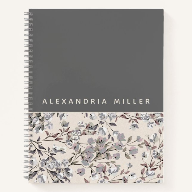 Beige Linen & Grey Floral | Personalized Name Notebook (Front)