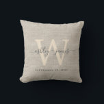 Beige Linen Grey Ivory Monogram Wedding Keepsake Throw Pillow<br><div class="desc">Elegant wedding keepsake beige woven linen effect pillow with your text in dark grey chic handwritten script calligraphy. Simply add your names, monogram and wedding date. Great gift for a newlywed couple. Exclusively designed for you by Happy Dolphin Studio. If you need any help or matching products, please contact us...</div>