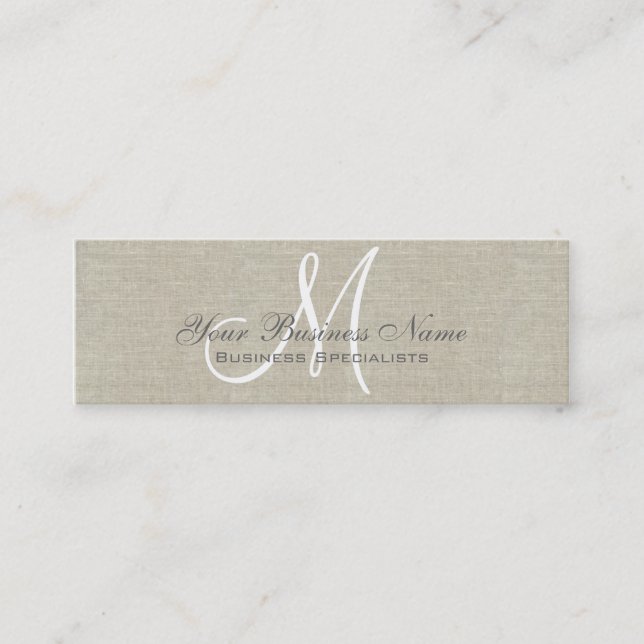 Beige Linen Grey Simple Plain Monogram Mini Business Card (Front)