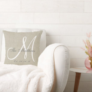 Beige Linen Grey White Monogram Family Keepsake Throw Pillow
