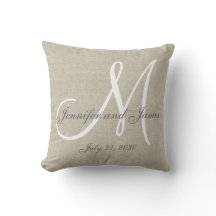 Beige Linen Grey White Monogram Wedding Keepsake