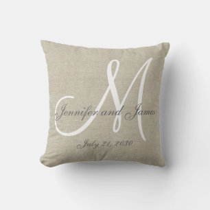 Beige Linen Grey White Monogram Wedding Keepsake Throw Pillow