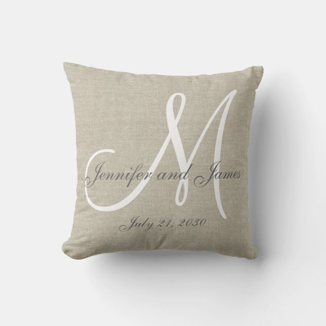 Beige Linen Grey White Monogram Wedding Keepsake Throw Pillow (Front)