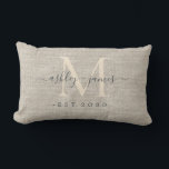 Beige Linen Ivory Monogram Script Wedding Keepsake Lumbar Pillow<br><div class="desc">Elegant wedding keepsake beige woven linen effect pillow with text in off-black chic handwritten script calligraphy and stylish modern typography. Simply add your names, monogram and wedding date. Great luxury gift for the newlywed couple. Exclusively designed for you by Happy Dolphin Studio. If you need any help or matching products,...</div>