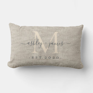 Beige Linen Ivory Monogram Script Wedding Keepsake Lumbar Pillow
