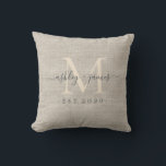 Beige Linen Ivory Monogram Script Wedding Keepsake Throw Pillow<br><div class="desc">Elegant wedding keepsake beige woven linen effect pillow with text in off-black chic handwritten script calligraphy and stylish modern typography. Simply add your names, monogram and wedding date. Great luxury gift for the newlywed couple. Exclusively designed for you by Happy Dolphin Studio. If you need any help or matching products,...</div>