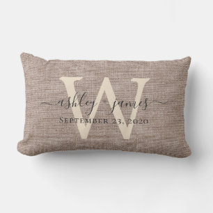 Beige Linen Ivory Monogram Wedding Keepsake Lumbar Pillow